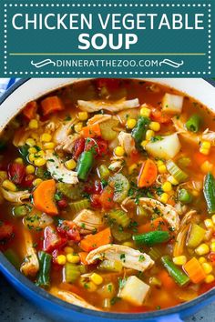 chicken vegetable soup in a blue bowl with text overlay