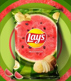 lay's watermelon chips on a green and red background with slices of watermelon