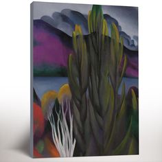 a painting of a cactus with mountains in the background