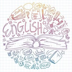 an open book with the words english and other things around it on a sheet of lined paper