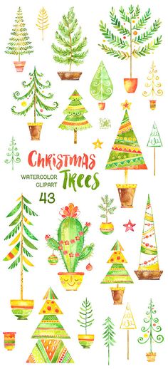 watercolor christmas trees clipart set