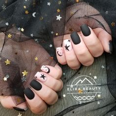 Short Witchy Nails Simple, Star Nail Designs Short, Matte Black Halloween Nails Short, Black Witchy Nails Simple, Acrylic Nail Designs Stars And Moon, Black Moon Nails, Moon And Star Nails Acrylic, Short Black Witchy Nails, Black Moon Nails Acrylic