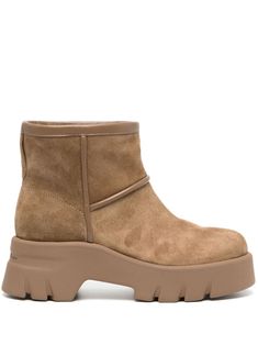 camel brown calf suede faux-shearling lining slip-on style round toe branded insole chunky rubber lug sole Leather Cap, Boot Pumps, Suede Ankle Boots, Lug Sole, Womens Boots Ankle, Suede Boots, Gianvito Rossi, Brown Boots, Boot Shoes Women