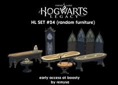 the hogwarts league furniture set includes two tables, a bench and a clock