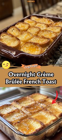 an image of french toast casserole being cooked in the oven and then baked