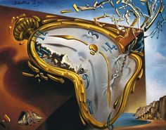 an artistic painting with gold and white clocks