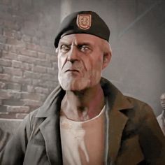 an old man with a hat and jacket on standing in front of a brick wall