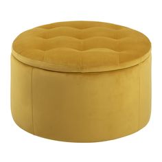 a round yellow ottoman sitting on top of a white floor