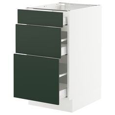 a white and green cabinet with two drawers on each side that is open to reveal the bottom drawer