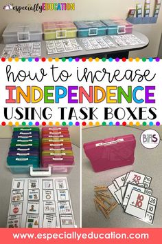 an image of how to increase independence using task boxes with pictures and words on them