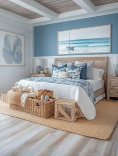 a bed room with a neatly made bed and two baskets on the floor next to it