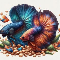 two blue and orange siamese fish on top of some brown grains with green leaves