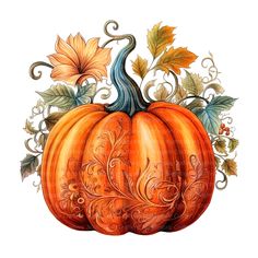 a drawing of a pumpkin with leaves and swirls on it's side, painted in watercolor