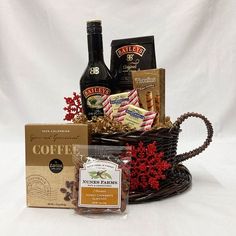 a basket filled with coffee and snacks