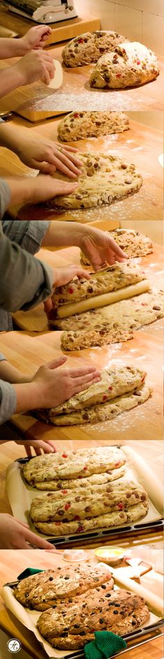 several images of different pizzas being prepared on trays and lined up in rows