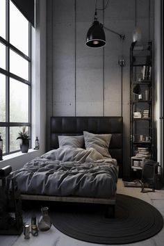 Bedroom with an industrial touch, featuring black and grey hues. Black Bedding Gray Bed, Black And Grey Mens Bedroom, Men’s Industrial Bedroom, Bedroom Ideas Industrial, Mens Industrial Bed, Industrial Bedroom Ideas