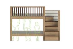 a drawing of two people standing in front of a bunk bed with stairs to the second floor