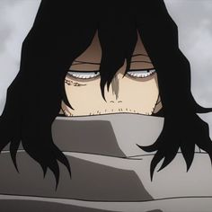 an anime character with long black hair staring at something