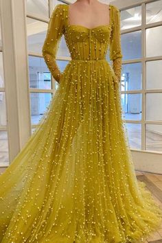 Long Sleeve Beaded Yellow Tulle Long Prom Dresses, Long Sleeves Yellow Formal Dresses, Beaded Yellow Evening Dresses Yellow Evening Dress, Prom Dress Yellow, Renda Kebaya, Couture Dior, Yellow Evening Dresses, Prom Dresses Yellow, Prom Dresses With Pockets, Long Sleeve Prom, Blue Dress Formal