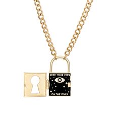 Little Rooms Gateway Necklace Padlock Necklace, Brass Pendant, Layered Look, Black Enamel, Stainless Steel Chain, Dream Big, Your Eyes, Rhodium Plated, Locket