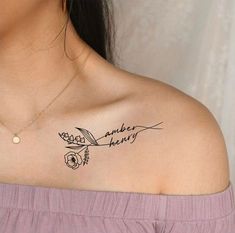 a woman with a tattoo on her shoulder that reads, and the words amber honey