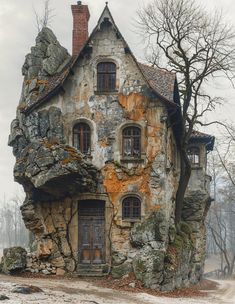 an old stone house with two windows and a rock outcropping on the side