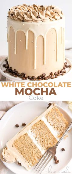 a white chocolate mocha cake on a plate with a fork