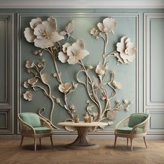 a room with two chairs and a table that has flowers on it