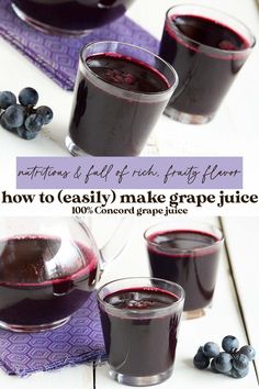 two glasses filled with blueberry juice on top of a table