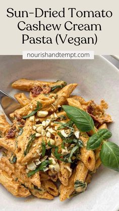 A bowl of creamy cashew cream sundried tomato vegan pasta. Cashew Cream Recipe Dinners, Soaked Cashew Recipes, Cashew Pasta, Pine Nuts Pasta, Vegan Cashew Cream, Saucy Pasta, Cashew Cream Recipe, Healthy Pasta Recipe, Cashew Cream Sauce