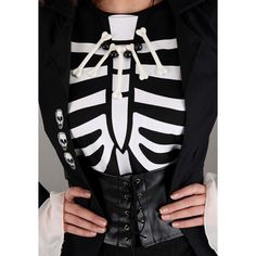 a woman wearing a skeleton corset with her hands on her hips and the chest