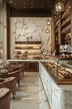 a bakery filled with lots of pastries and desserts next to a counter full of donuts