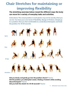 an advertisement for chair stretches for maintaining or imprepititiing flexibility, with images of people doing different exercises