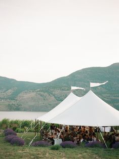 a large white tent set up in the middle of a field with people sitting around it