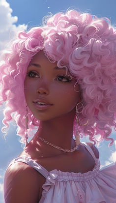 a woman with pink curly hair and earrings