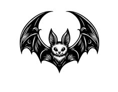 a black and white image of a bat with fangs on it's wings, in the shape of a circle