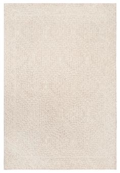 a white rug with an intricate design on the front and back side, in neutral tones