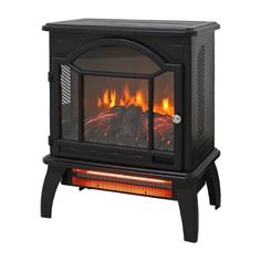 an electric fireplace heater sitting on top of a black stand with flames coming from it