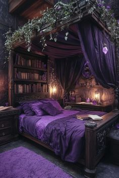 a bed with purple bedspread and curtains on the headboard is surrounded by bookshelves