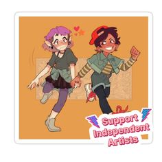 an image of two people that are in the middle of a sticker with words support independent artists on it