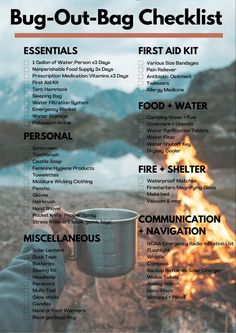 the bug out - bag checklist is shown in front of a campfire