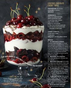 a dessert with cherries and whipped cream on top is featured in the cover of this magazine