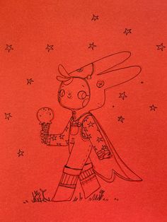 a drawing of a girl holding an ice cream cone and looking at the stars in the sky