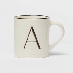 a coffee mug with the letter a on it