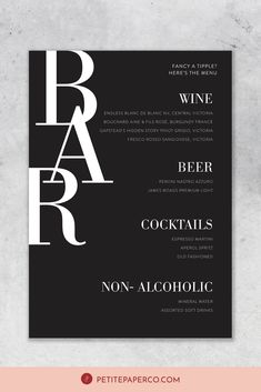 a poster with the words bar and wine on it, in black and white colors