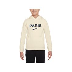 a young boy wearing a white sweatshirt with the word paris on it and a blue nike logo