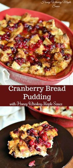 cranberry bread pudding on a black plate