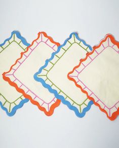 Four cool Art Party Napkins by Pop! Party Supplies with scalloped edges in blue, green, red, and orange are arranged in a zig-zag pattern on a white background. Adult Birthday Decorations, Color Outside The Lines, Candle Cards, Paris Party, Diy Birthday Decorations, Party Pack, Party Napkins, Art Party, Dessert Plates