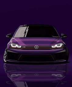 the front end of a purple volkswagen car