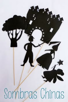 the silhouettes of people and trees are made out of black paper with text that reads, sombras chinas